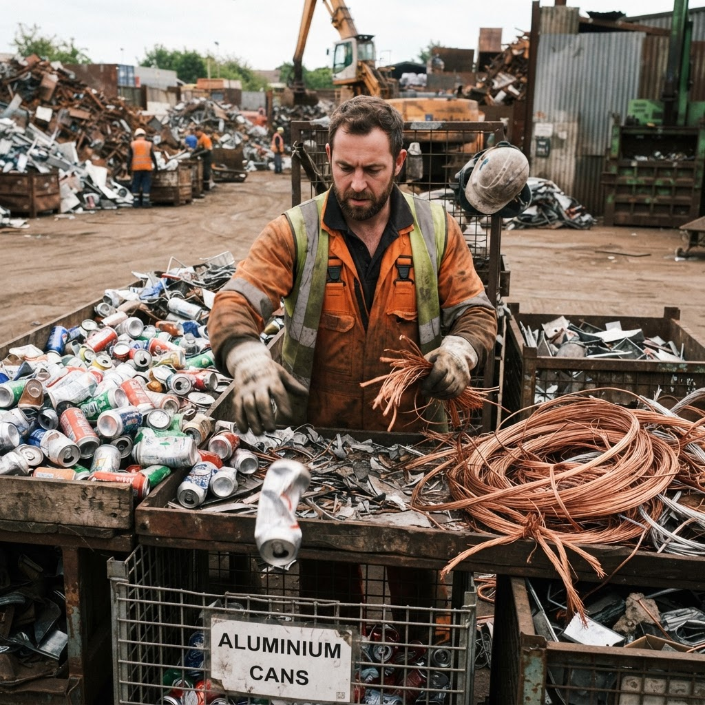 Worker sorting scrap metal