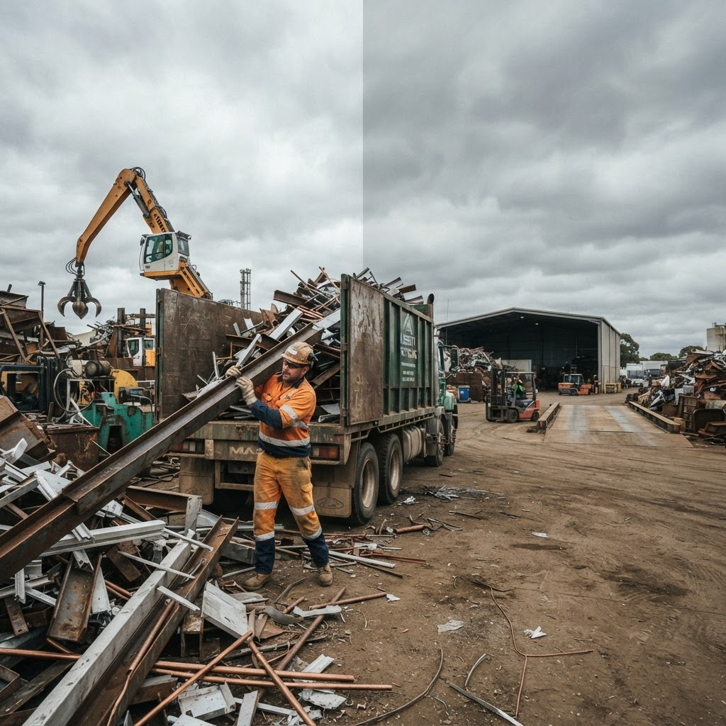 Worker loading scrap metal into a collection truck