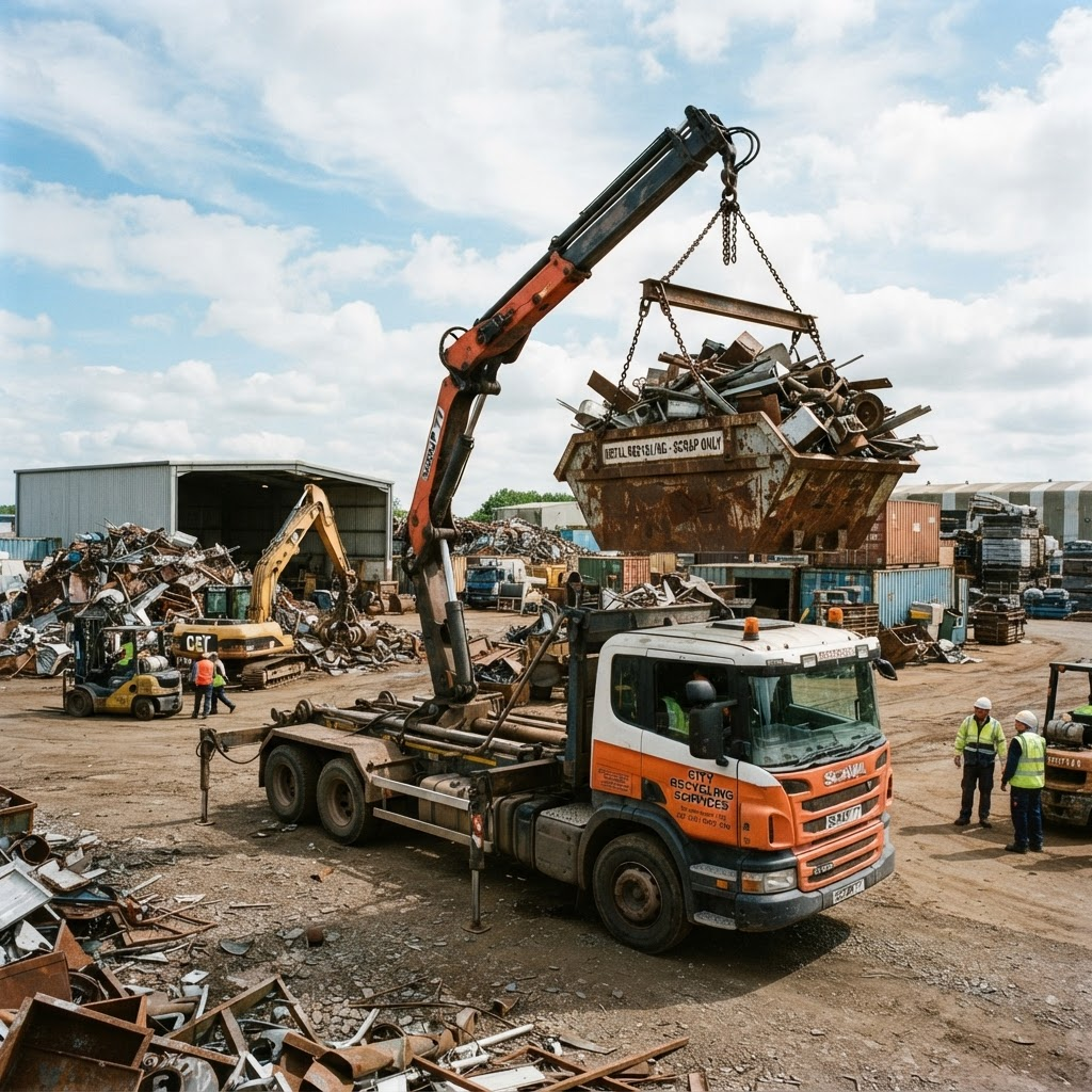 Scrap collection truck lifting a metal container